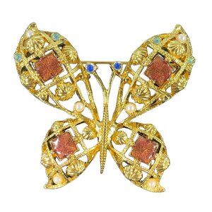 Vintage Avon Gold-Tone Butterfly Brooch Faux Pearls Rhinestones Filigree 2.25"